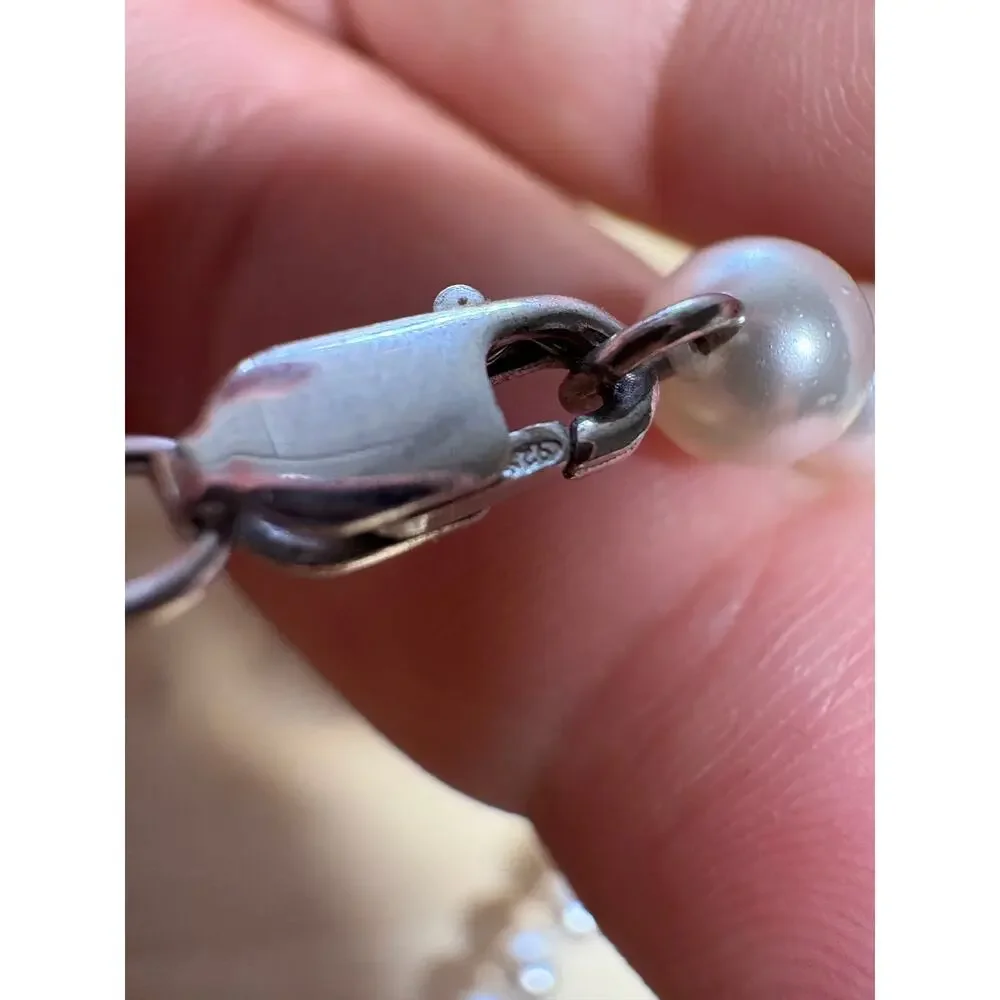 Vintage Faux Pearl CZ Sterling Silver Necklace 925 AU